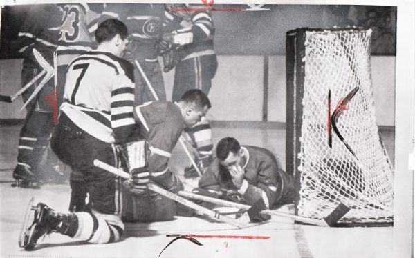 Jacques Plante & Doug Harvey Game 4 Stanley Cup 1957 original AP wire photo