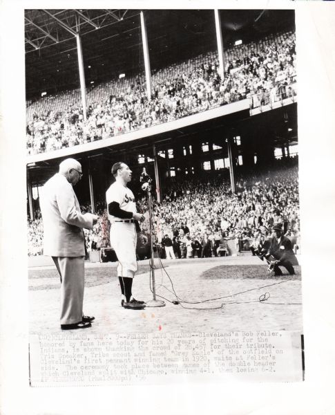 Bob Feller Honored in 1956 with Tris Speaker original AP wire photo