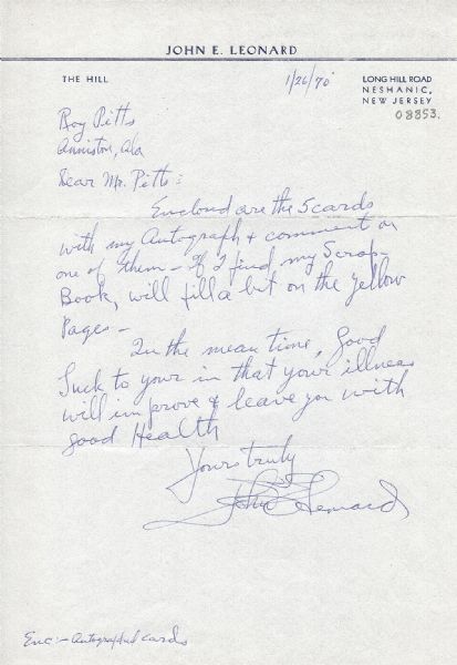 John Leonard signed letter 1922-23 Chicago Cardinals NFL football D. 1980