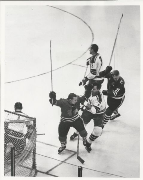Blackhawks frustrated by Red Hay with Doug Harvey Harry Howell – Jacques Plante