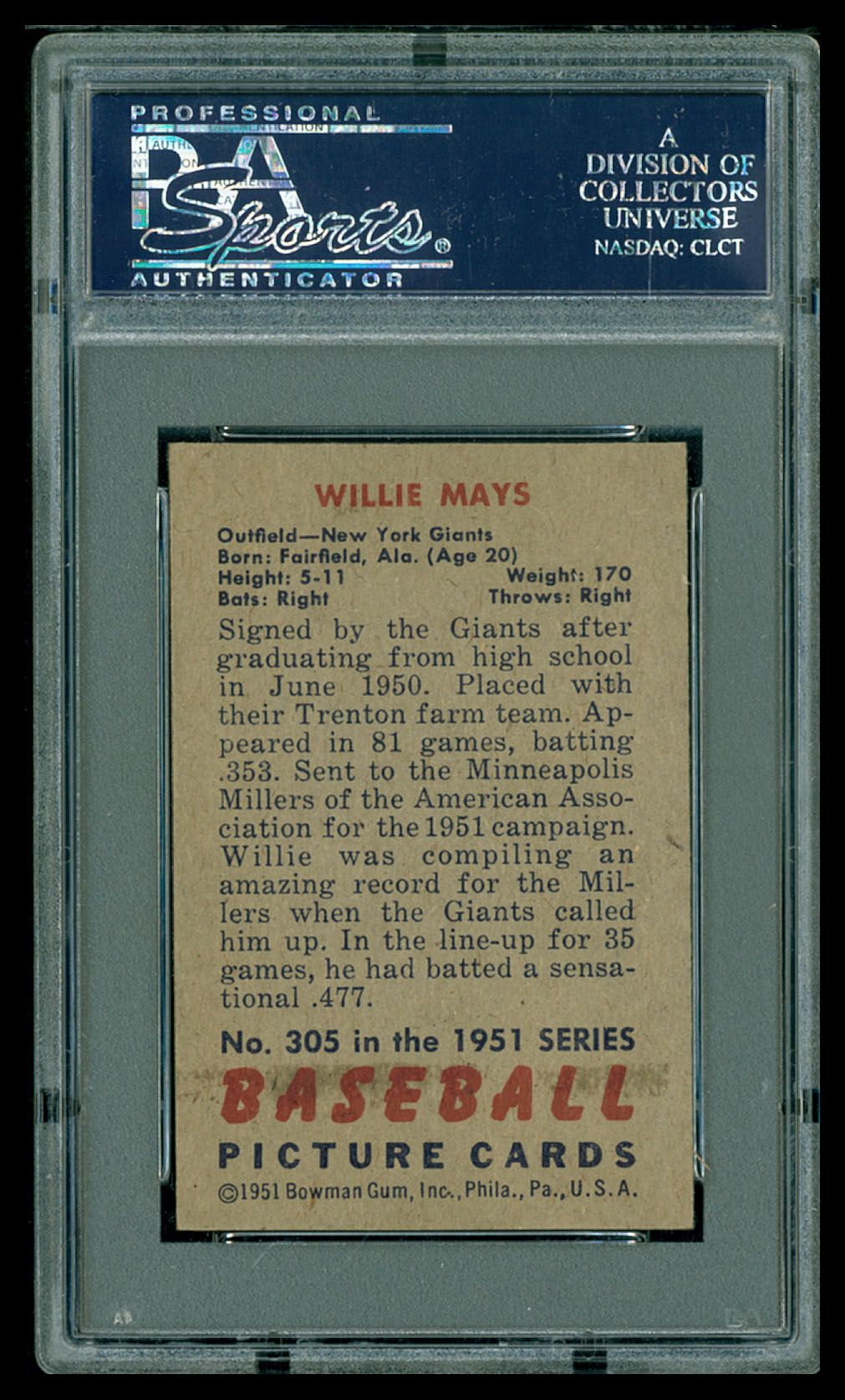 Lot Detail - 1951 Bowman #305 Willie Mays PSA 5 EX – Rookie Card