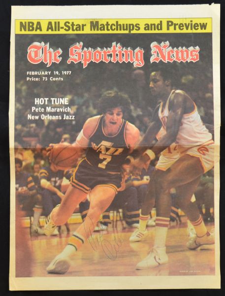 Pistol Pete Maravich Signed 1977 The Sporting News Cover - JSA LOA