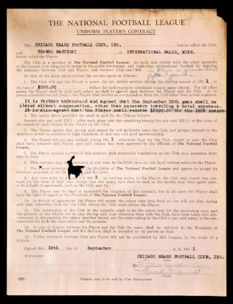 Bronko Nagurski Signed 1931 Chicago Bears NFL Contract with George Halas