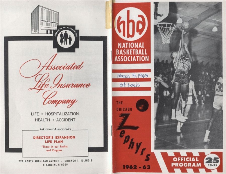 1963 Chicago Zephyrs vs. St. Louis Hawks 3-5-63 NBA basketball program 1 year team