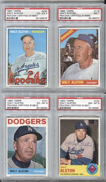 1963-67 Walt Alston Signed Topps Baseball Cards Lot of Four (4) PSA/DNA