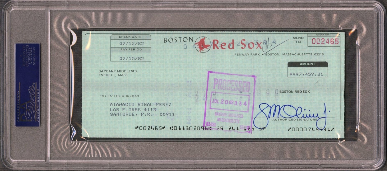 Tony Perez Signed 1982 Boston Red Sox Payroll Check PSA/DNA