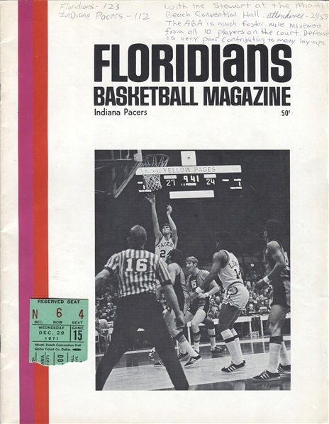 1971 Miami Floridans vs Indiana Pacers ABA basketball program with Ticket Stub