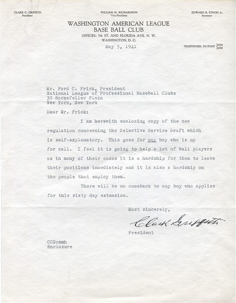 Clark Griffith Typed Letter Signed on Washington Senators Letterhead