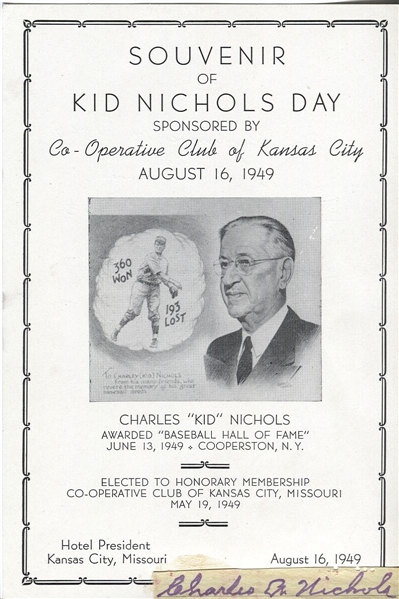 Charles "Kid" Nichols Signed Check Cut Kid Nichols Day Souvenir