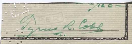 Ty Cobb Signed Check Cut HOF D. 1961