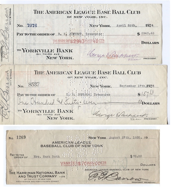 Lot of 3 New York Yankees checks from the 1920’s – 30’s Signed By Ed Barrow