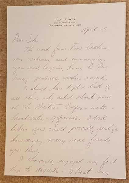 Ray Scott Signed Handwritten Letter – Voice of the Green Bay Packers