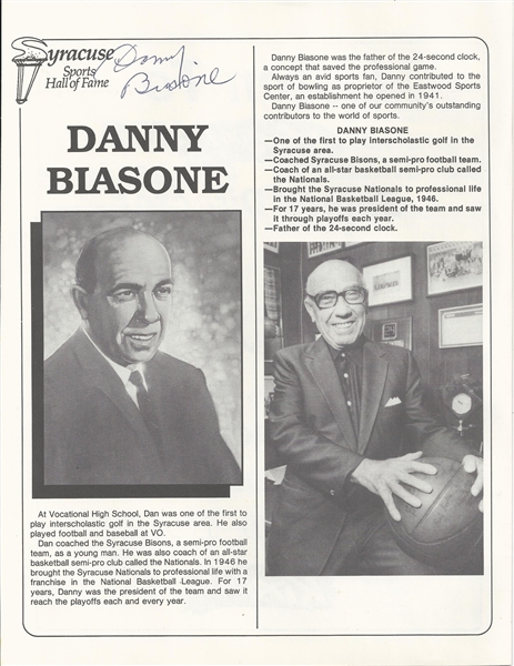 Danny Daniel Biasone Super Rare Basketball HOF autograph Signed Photo Program PSA/DNA LOA