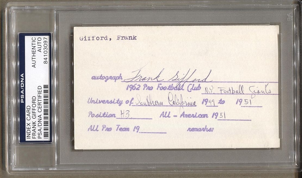 Frank Gifford Signed 3x5 index card document NY Giants Football HOF PSA/DNA