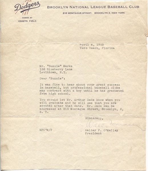 Walter O’Malley Typed letter signed on Brooklyn Dodgers Letterhead JSA LOA