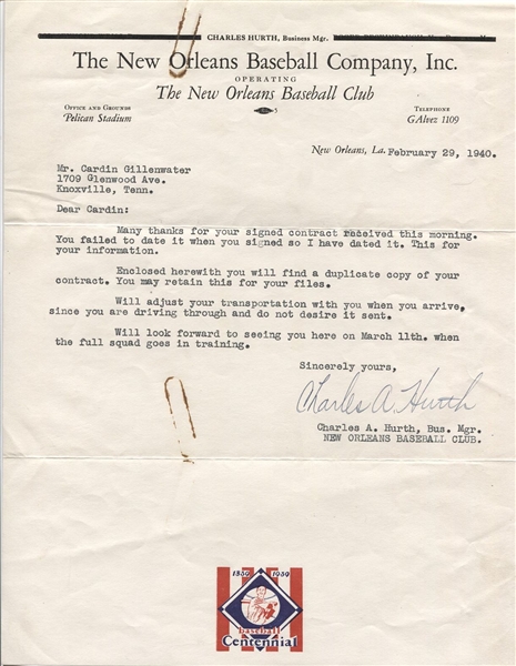 Charles Hurth Signed Letter 1st GM of Mets – New Orleans Baseball Letterhead JSA LOA