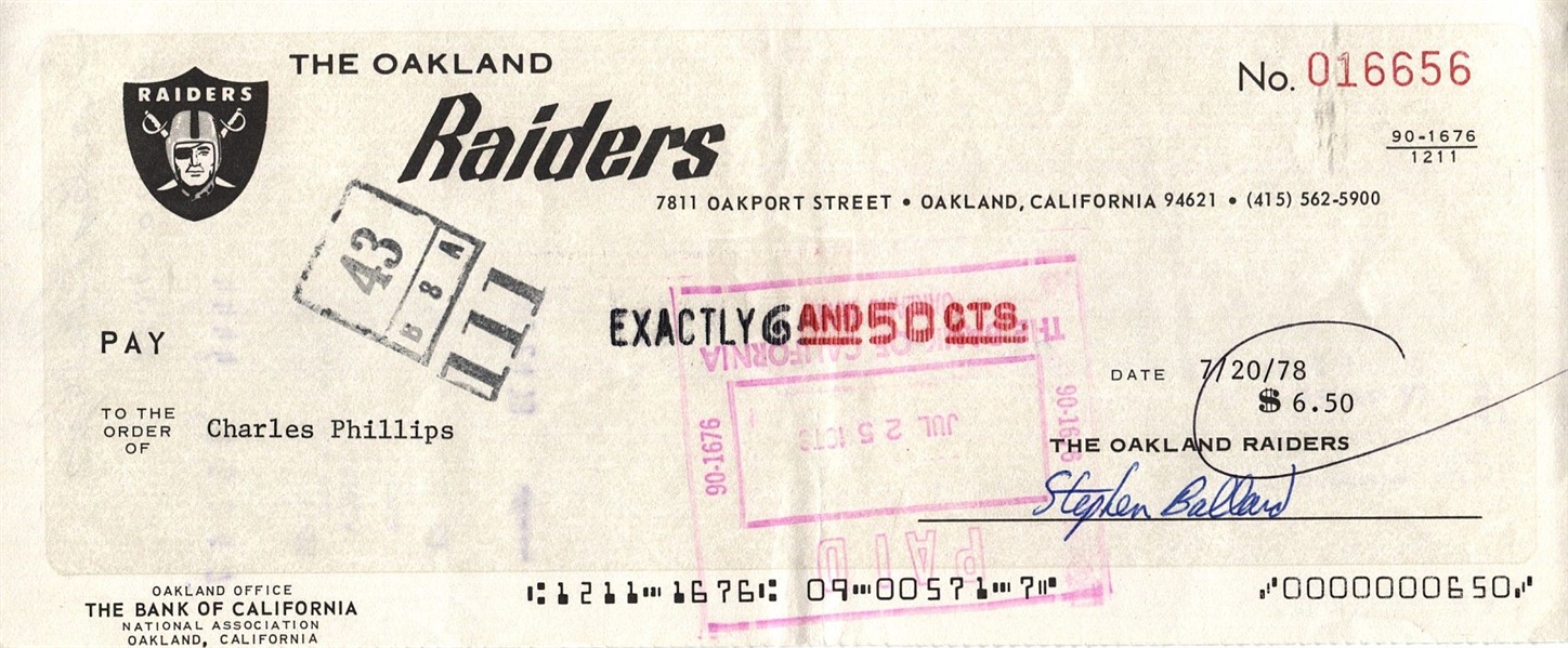 Charles Phillips Signed 1978 Oakland Raiders payroll Check 
