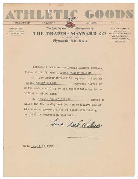 Hack Wilson 1933 Draper-Maynard Baseball Glove Signed AUTO Contract PSA/DNA LOA