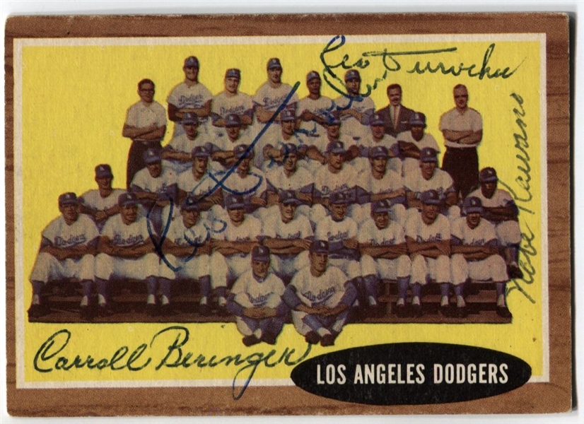 1962 Topps #43 Dodgers Team Baseball Card Signed AUTO by Leo Durocher Beringer Nobe Kawano JSA