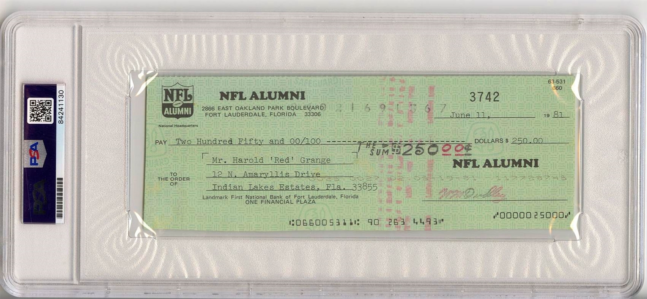 Harold Red Grange Signed AUTO Check from NFL Alumni Association Super Rare PSA/DNA