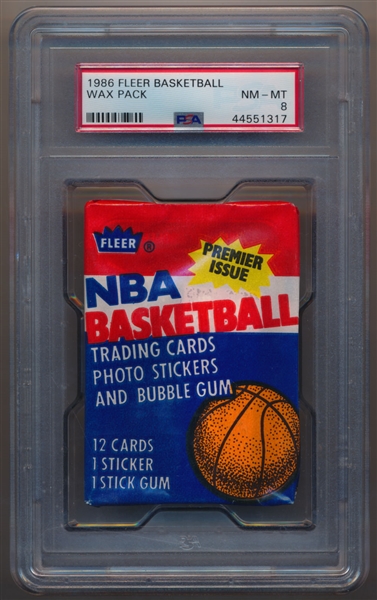 1986 Fleer Basketball Wax Pack w/ Olajuwon Sticker Back PSA 8 NM-MT