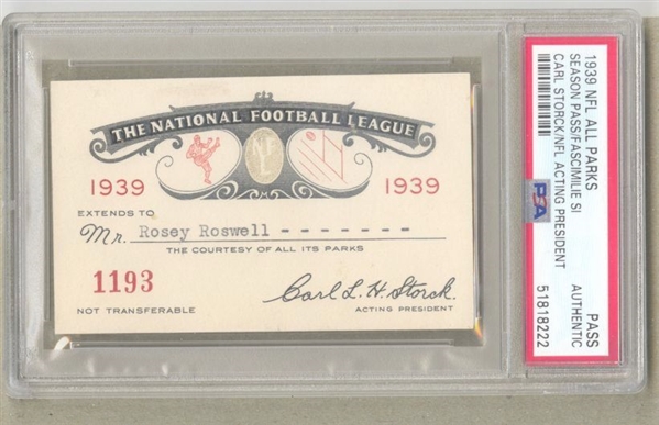 1939 NFL Season Pass Ticket with Rare Carl Storck Facsimile Signature MUST READ PSA Graded