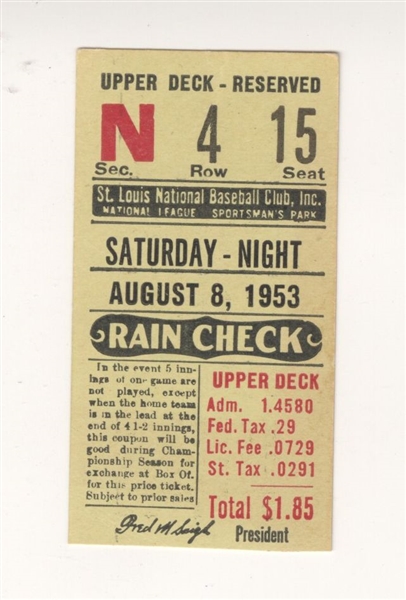 August 8, 1953  St. Louis Cardinals vs NY Giants Ticket Stub Stan Musial HR #243 