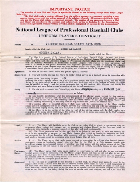 Gene Lillard Signed AUTO 1936 Chicago Cubs Rookie Baseball Contract w/ Phillip Wrigley 