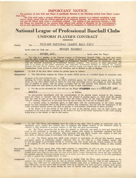 Wes Flowers Signed AUTO 1936 Chicago Cubs Baseball Contract w/ Phillip Wrigley 