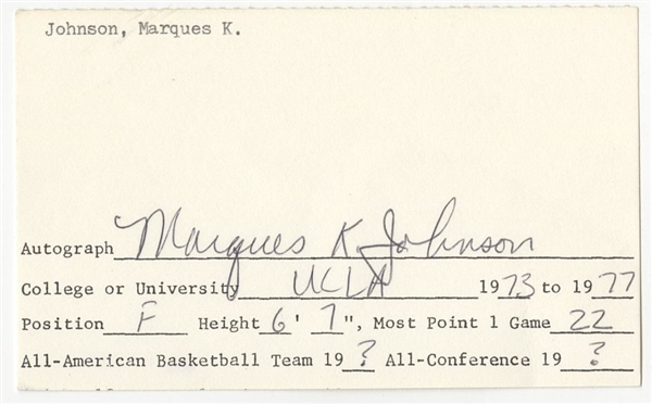 Marques Johnson signed Auto vintage information index card from 1975 UCLA – 5 X NBA All Star 