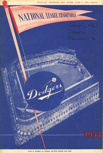 July 1, 1953 Brooklyn Dodgers vs Phillies Scorecard Program Jackie Robinson Double Furillo HR