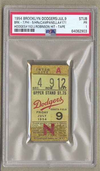 1954 Brooklyn Dodgers vs Phillies Jul 9 ticket Stub Campy #171 & Hodges #192 HR Jackie Robinson Hit PSA