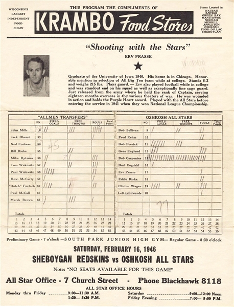 1946 Oshkosh All Stars vs Cleveland Allmen Transfers Scorecard Program – Bob Carpenter Sets Single Game Scoring Record 