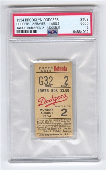 1954 Brooklyn Dodgers vs Mil Braves 8/2 –Jackie Robinson 2 for 4 Ticket Stub PSA Pop 1