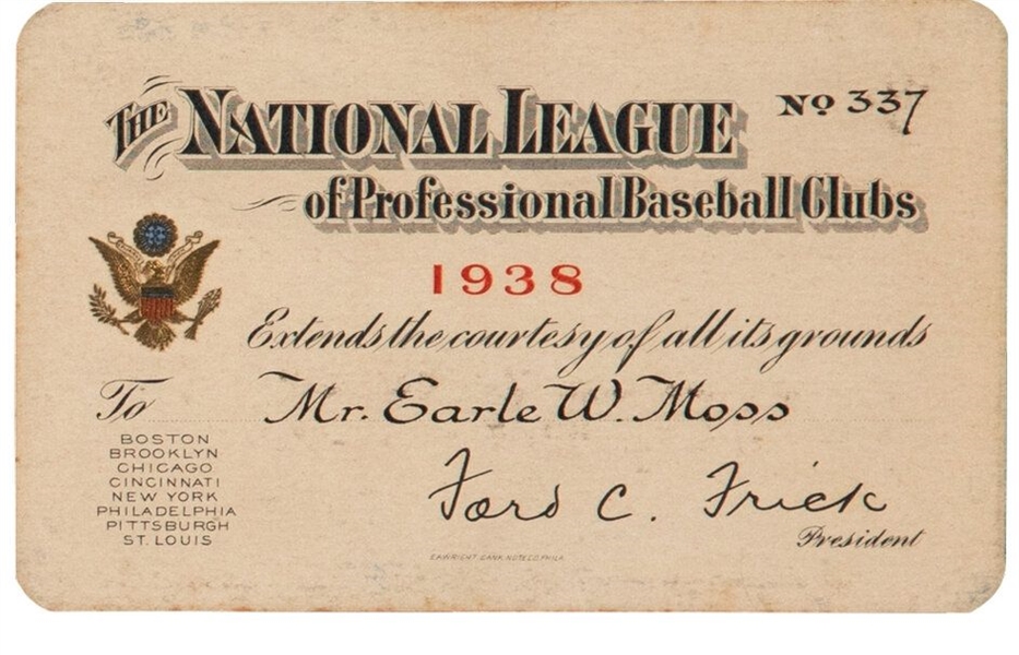 1938 National League Season Pass Ticket –Enos Slaughter MLB Debut – Babe Ruth coaching Debut