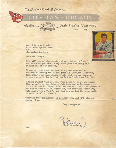 Hank Greenberg Signed AUTO letter on Indians letterhead Baseball HOF JSA LOA