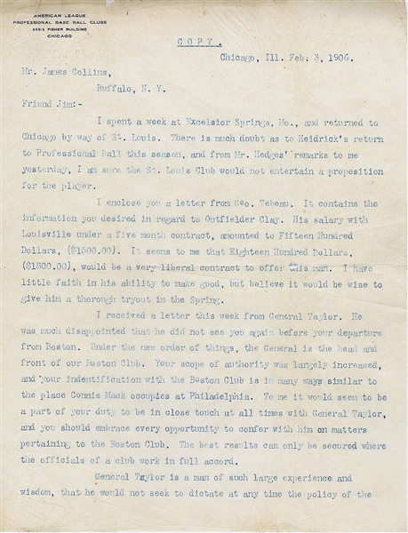 Ban Johnson 1906 Letter with Historical Baseball Content to HOFer Jimmy Collins
