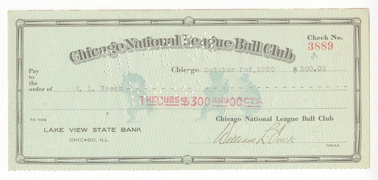 William Veeck Double Signed AUTO 1920 Chicago Cubs Payroll Check D.1933