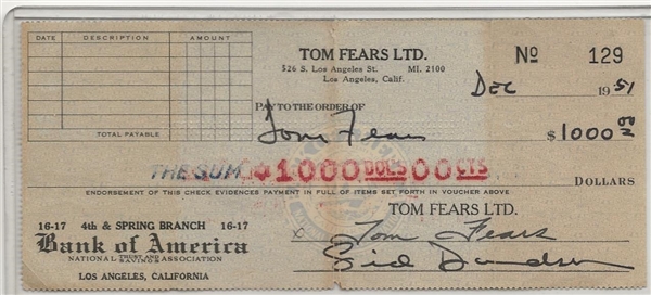 Tom Fears Pro Football Hall of Fame Signed AUTO personal Check Super RARE