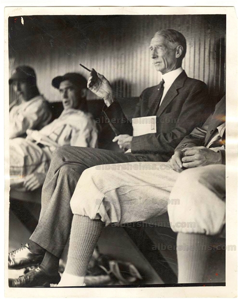 1931 Connie Mack sits in Dugout with Mickey Cochrane & Lefty Grove Original TYPE 1 Photo