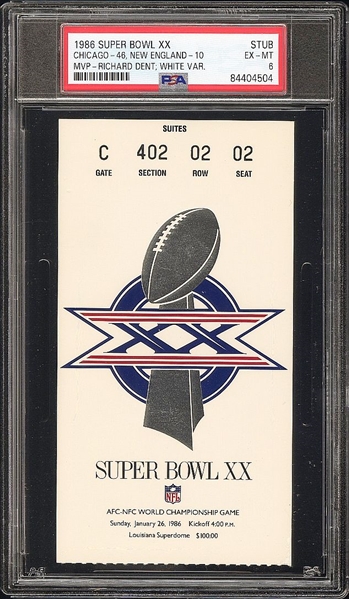 1986 Super Bowl XX 20 Chicago Bears 46 New England Patriots 10 Ticket Stub PSA 6 EX-MT