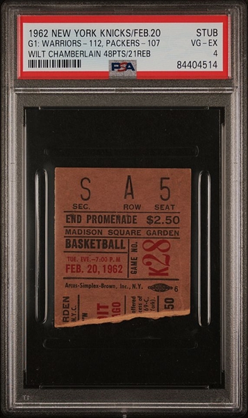 February 20, 1962 NY Knicks v Pistons & Warriors v Chicago Packers Wilt Chamberlain 48 PTS/21 REB PSA 4 Pop 1