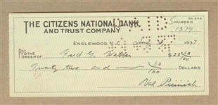 Val Picinich signed check D. 1942 Reds - Red Sox - Senators - Brooklyn Dodgers