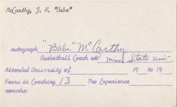 Babe McCarthy Legendary College & ABA coach D. 1975 Signed document 3x5