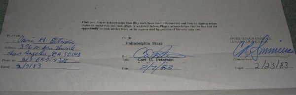 Irv Eatman signed 1986 USFL Philadelphia Stars football contract 