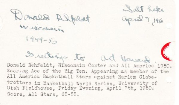 Don Rehfeldt Signed album page Wisconsin – Bullets – Hawks Basketball D. 1980