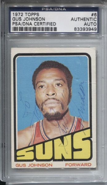 Gus Johnson signed 1972 Topps Basketball card #6 Super RARE HOF D. 1987