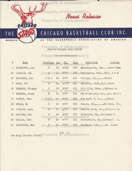 1949-1950 Chicago Stags Roster – Press News Release – Letterhead – 1st Year NBA