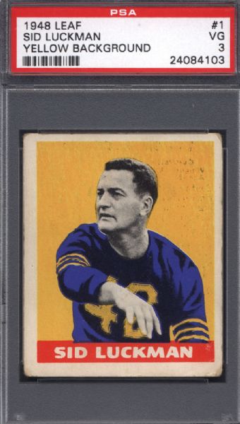 1948 Leaf #1 Sid Luckman Rookie HOF Yellow Background Bears PSA 3