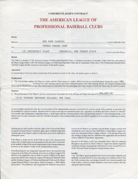 Tommy John 1989 New York Yankees Baseball Contract with Extras